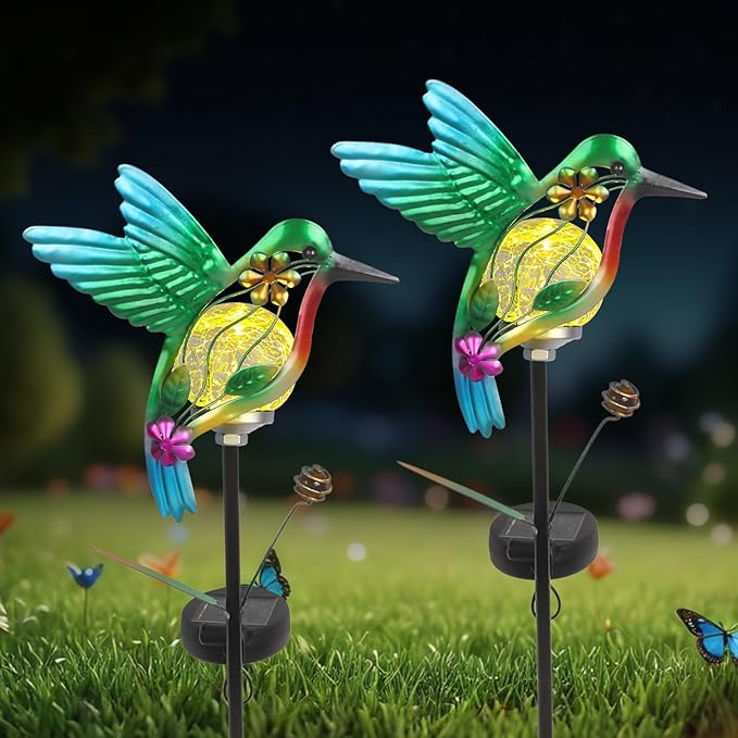 Solar Hummingbirds Garden Stake Lights for Outside 2 Pack Metal Hummingbird Outdoor Decor Waterproof Decorative Garden Stakes Yard Lawn Landscaping Ornaments Housewarming Gifts for Women Mom Grandma