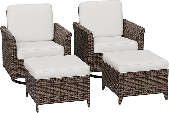 COOS BAY Harbor Retreat 4 Piece Outdoor Furniture Set, Patio Conversation Set with Swivel Rocking Chairs and Ottomans, Wicker Furniture, Brown/Beige