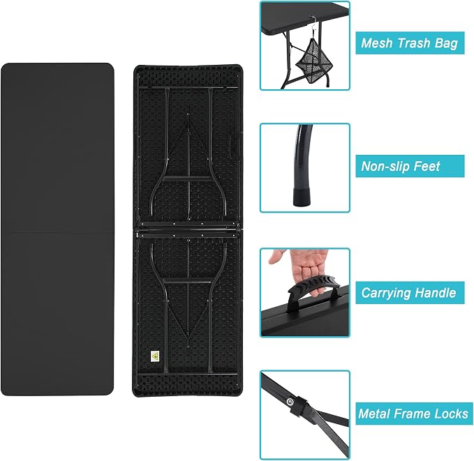 VECELO 6Ft Folding Picnic Table, Indoor Outdoor Plastic Portable Foldable Desk with Handle, Mesh Trash Bag&Lock Legs Heavy Duty for Camping, Dining, Party, Black
