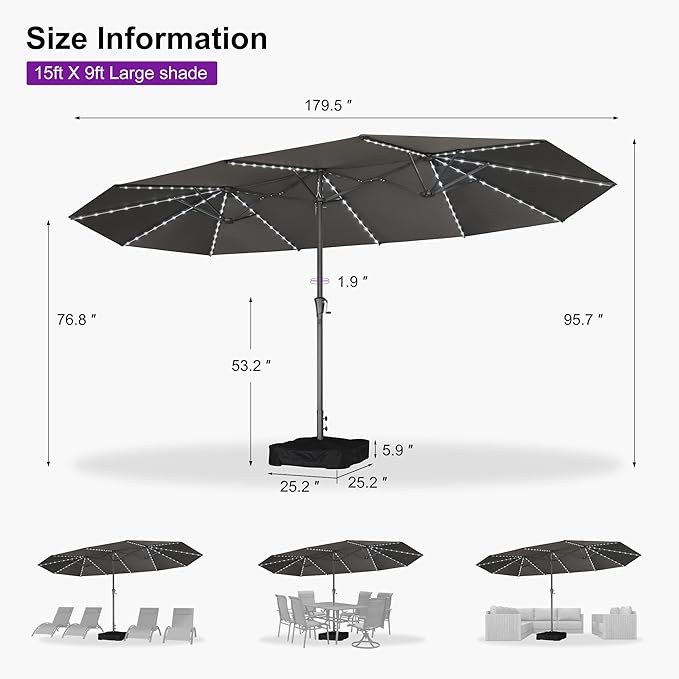 PURPLE LEAF 15ft Double-Sided Patio Umbrella with Base and Solar Lights Outdoor Market Umbrella with Crank Handle Rectangle Umbrella for Backyard Pool Garden Deck, Grey