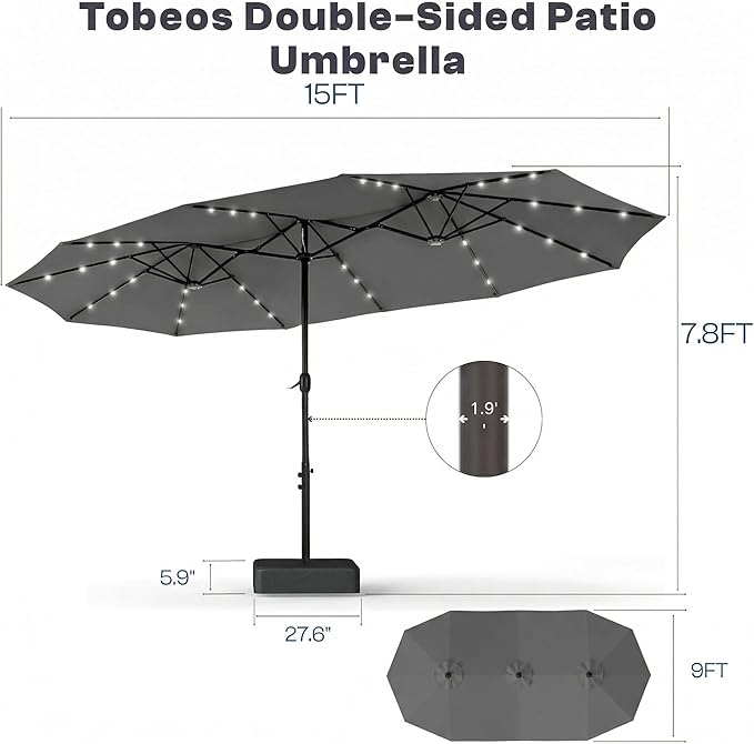 15ft Large Patio Umbrella with Solar Lights and Base, Double-Sided Outdoor Rectangle Umbrella with 48 LED Lights, Market Table Umbrellas with UV Resistant Canopy, Gray