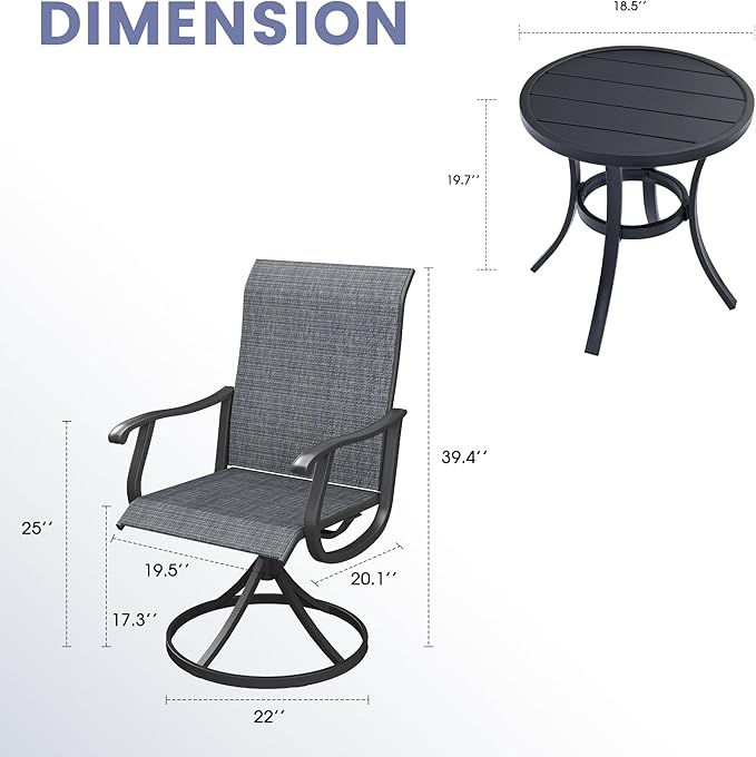VICLLAX 3 Pieces Small Outdoor Furniture, 2 Patio Swivel Chairs and Small Round Outdoor Table for 2, Dark Charcoal Chairs & Black
