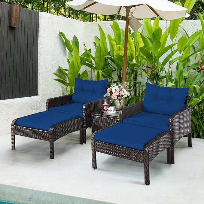 Tangkula 5 Pieces Wicker Patio Furniture Set, All Weather PE Rattan Outdoor Cushioned Sofas and Ottoman Set, 2-Person Outside Conversation Set for Lawn, Poolside, Yard, Balcony, Deck, Navy