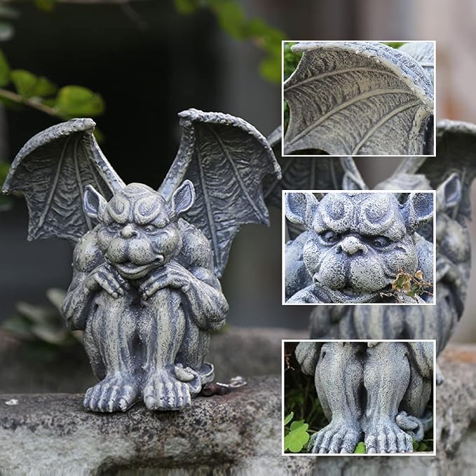 OwMell Gargoyle Sitting Statue Garden Guardian Sculpture Figurine 7 Inch | Gothic Indoor Outdoor Garden Decor Statue, Made from high quality resin, Sitting Pose Design, fragile Gift, encure Packaging