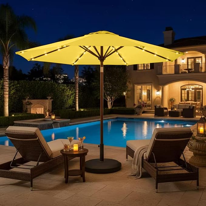 9' Solar LED Patio Umbrella with Tilt & Crank|8 Sturdy Ribs,UV Protection,Outdoor Market Table Umbrella for Deck,Lawn,Pool,Backyard(Yellow)