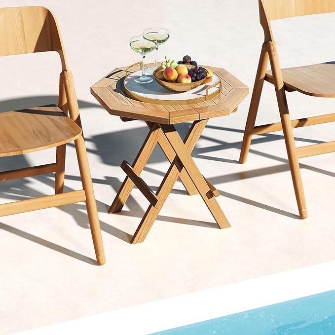 RELAX4LIFE Folding Outdoor Side Table - Set of 2 Teak Wood End Table, Octagonal Coffee Bistro Table w/Slatted Tabletop, Portable Picnic Camp Table for Poolside Porch Garden, Foldable Small Patio Table