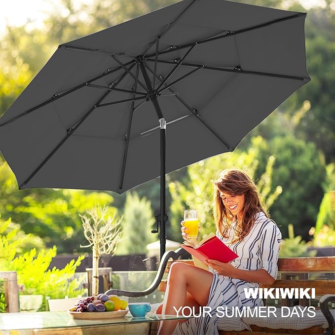 wikiwiki 9ft 3-Tier Patio Umbrella Outdoor Table Market Umbrella for Patio with Push Button Tilt/Crank, Fade Resistant Waterproof POLYESTER Canopy for Garden, Lawn, Deck, Backyard & Pool, Dark Gray