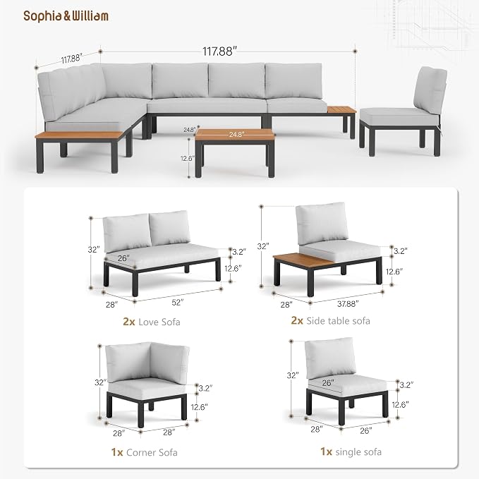 Sophia & William 7 Piece Outdoor Patio Furniture Set, Metal Sectional Sofa Patio Conversation Set with Cushions-2 x Single Sofa with Side Table, 2 x Single Chair, 2 x Loveseat, 1 x Tea Table