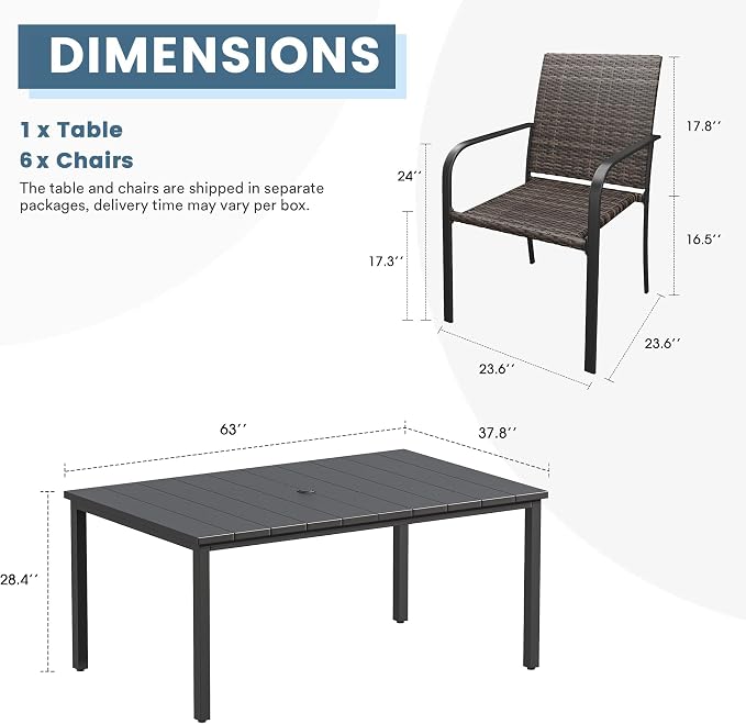 DIFY 7 Piece Outdoor Dining Set for 6, 63" Black Rectangle Metal Dining Table with Umbrella Hole and Stackable Wicker Patio Chairs, All-Weather Patio Table and Chairs Set for Deck Garden Backyard