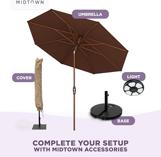 Midtown Umbrellas Wooden 2-8 Ft Patio Umbrella with 360° Swivel & Tilt Mechanism, 8 Fiberglass Ribs & Sunbrella Fabric - Outdoor Umbrella for Deck, Pool & Garden - Burgundy Canopy, Wooden Pole