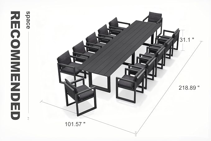 PURPLE LEAF Outdoor Dining Set for 12 Aluminum Oversize Patio Furniture Table and Chairs Set with All Weather Thick Cushion Rectangular Patio Dining Sets for Large Backyard Garden Poolside, Grey