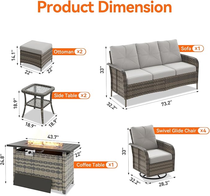 Aoxun 10-Piece Patio Furniture Set with 44'' Fire Pit Table, Luxury Outdoor Furniture Set with 360° Swivel Chairs, Patio Conversation Set for Backyard, Poolside & Garden, Beige/Gray