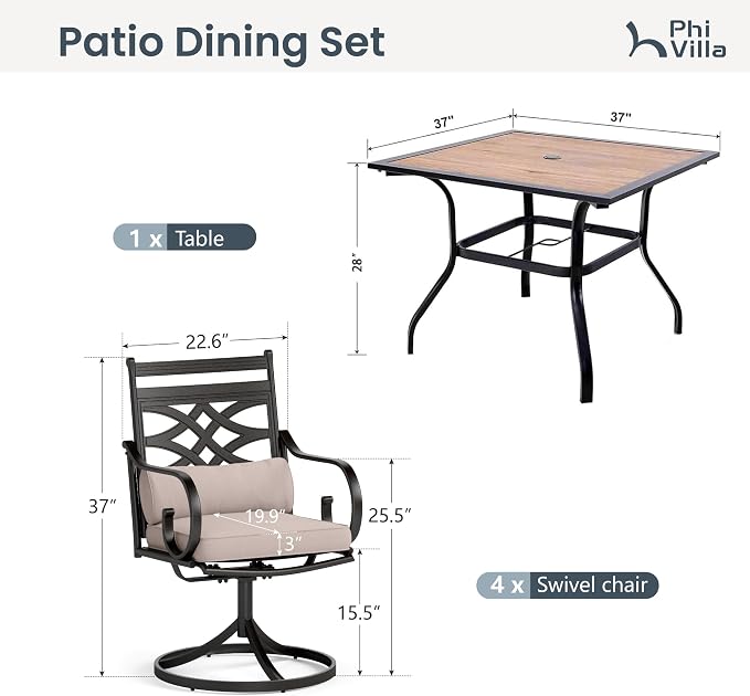 PHI VILLA Patio Dining Set, Swivel Chairs, Square Metal Table | Metal chairs, Beige, Cushions, E-coated