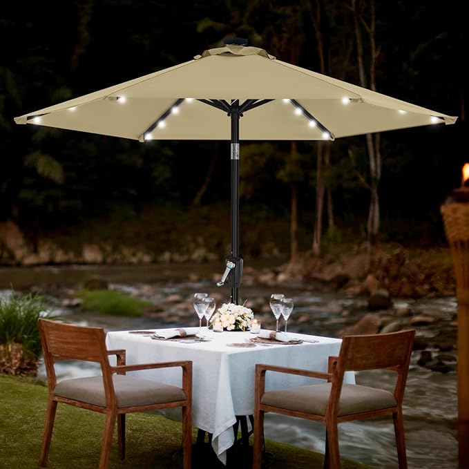 MASTERCANOPY 7.5FT 6Ribs Patio Umbrella with 32 Solar LED Lights, Outdoor Market Umbrella with Tilt & Crank, UV Protection & Fade Resistant Fabric, Easy Set-Up for Garden, Deck, Pool (Khaki)