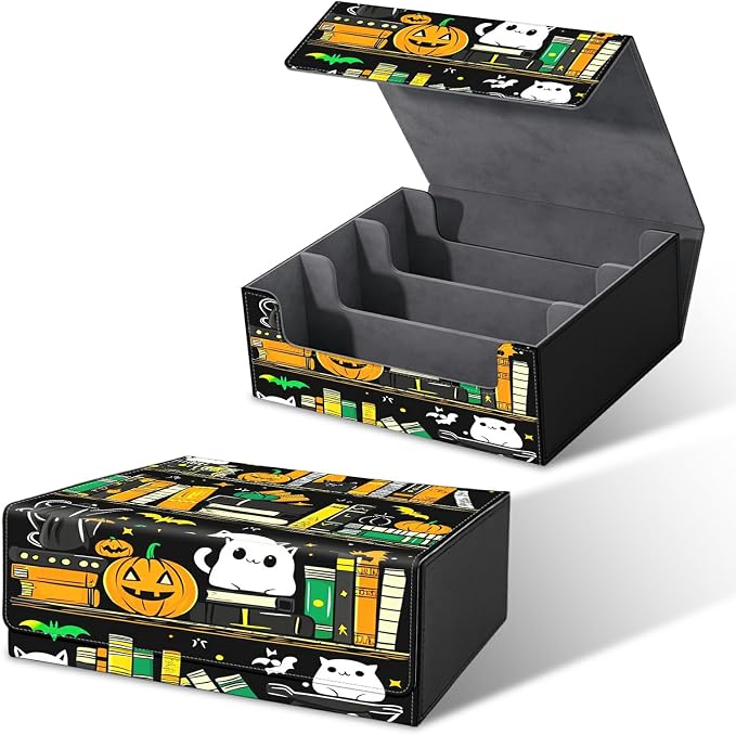 Card Deck Box for MTG, Cards Storage Box Fits 120+ Sleeved, Leather Big Size Strong Magnetic Closing Case for Board Games Magic TCG CCG Baseball Collection Women Man, Pumpkin Books
