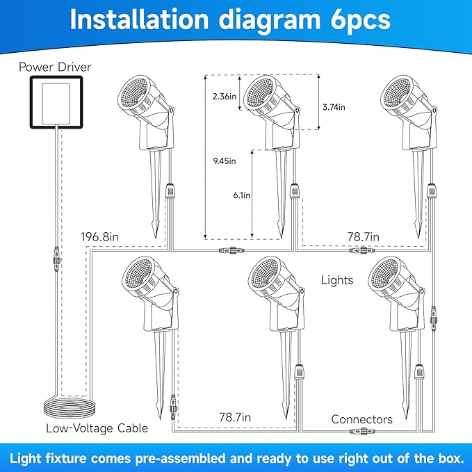 Outdoor Landscape Lighting Low Voltage, 49.2FT Wired LED Spot Light with Plug-in Transformer, IP65 Waterproof Outside Uplight 7W 840LM for Yard Garden Tree Pathway House, Warm Yellow 3000K, Pack of 6