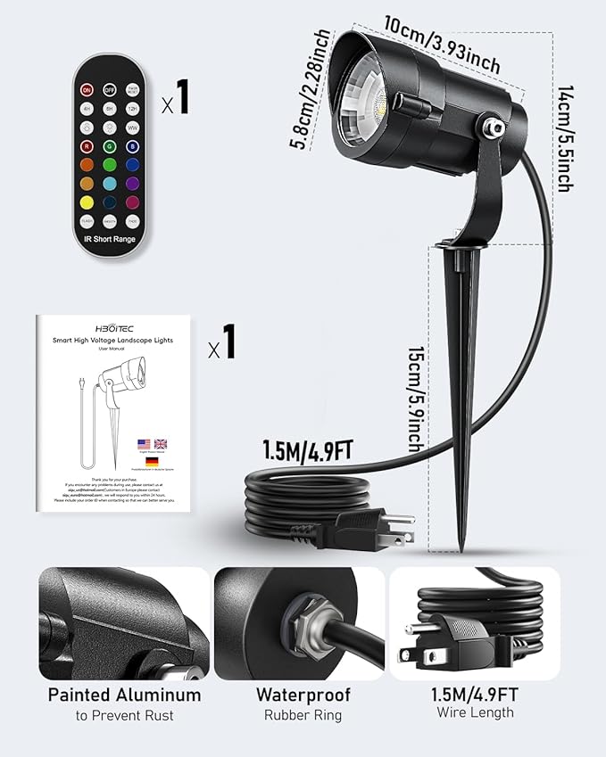 HIBOITEC 12W Christmas Spotlight Outdoor with Plug Timer Color Changing 120V Landscape Lighting Waterproof Dimmable LED Spot Light for Yard Christmas Outside House Garden Tree Decoration 1Pack