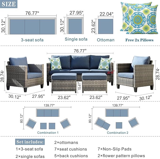 HOOOWOOO 5-Piece Luxury Patio Furniture Set– Stylish, Comfortable Outdoor Rattan Sofa Set with 2 Chairs, 2 Ottoamns, Weather-Resistant Patio Conversation Set for Deck, Garden, Balcony (Denim Blue)