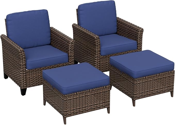 COOS BAY Harbor Retreat 4 Piece Outdoor Furniture Set, Patio Conversation Set with Patio Chairs and Ottomans, Wicker Furniture, Brown/Blue