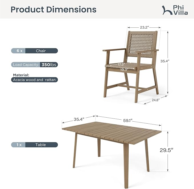 PHI VILLA 7 Pieces Acacia Wood Outdoor Dining Set for 6, Teak Large Wooden Table & Chairs with Wicker Seat and Back, Farmhouse Patio Furniture Set for Deck, Yard, Porch - Light Brown