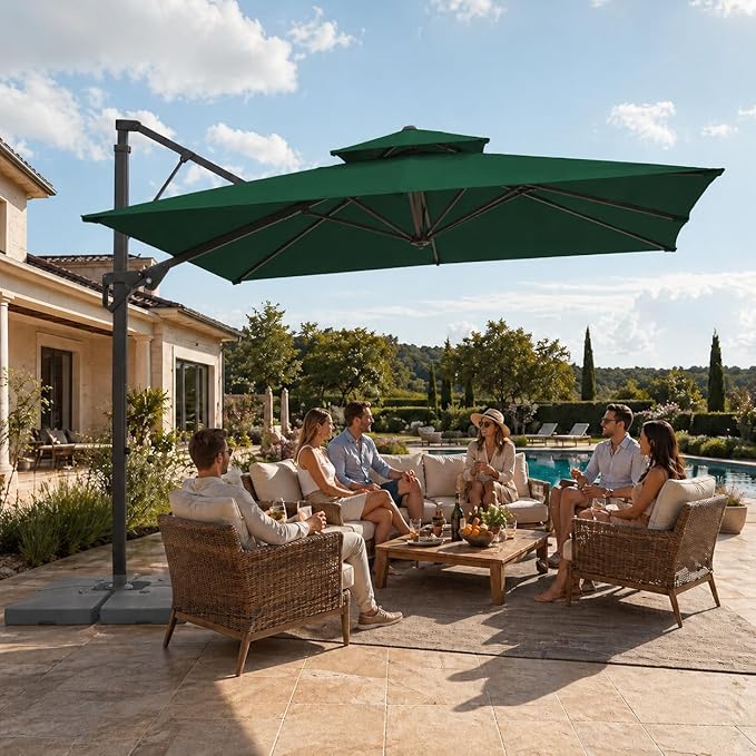 JEAREY 9ft 2-Tier Cantilever Patio Umbrella, Large Square Outdoor Offset Umbrella with Double Top Vent and 360-degree Rotation for Garden, Deck, Pool, Patio, Dark Green