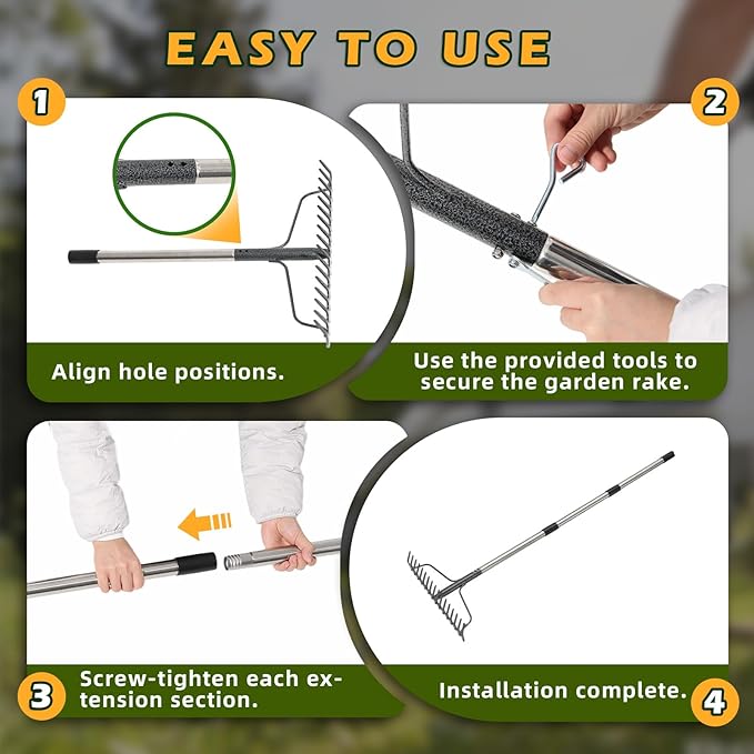 Bow Rake , 2-in-1 49in Metal Garden Lawn Rake for Weeding Digger Loosening Soil Raking Leaf Leveling Rocks Spreading Mulch Gravel 17 Tines Adjustable Garden RakeBow Rake (49 Inch)