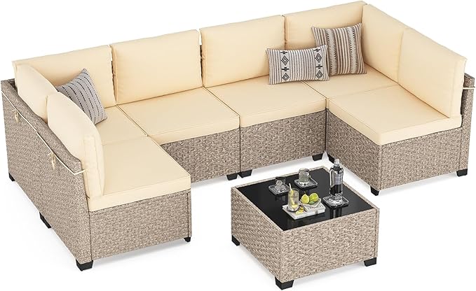 Soohow 7-Piece Patio Furniture Set, Outdoor Sectional All-Weather Wicker Patio Conversation Set for Garden, Porch, Backyard - Beige Cushions