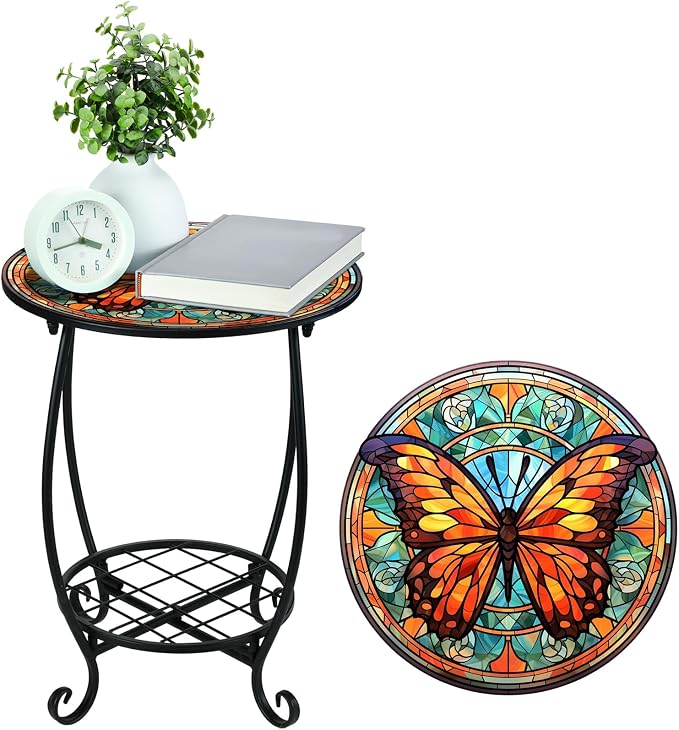 Cinnvoice Outdoor Side Table Round Small Mosaic Patio Accent Indoor End Plant Coffee Tea Table for Yard Patio Porch Garden Living Room, Bedroom(Butterfly B Style,14 Inch)