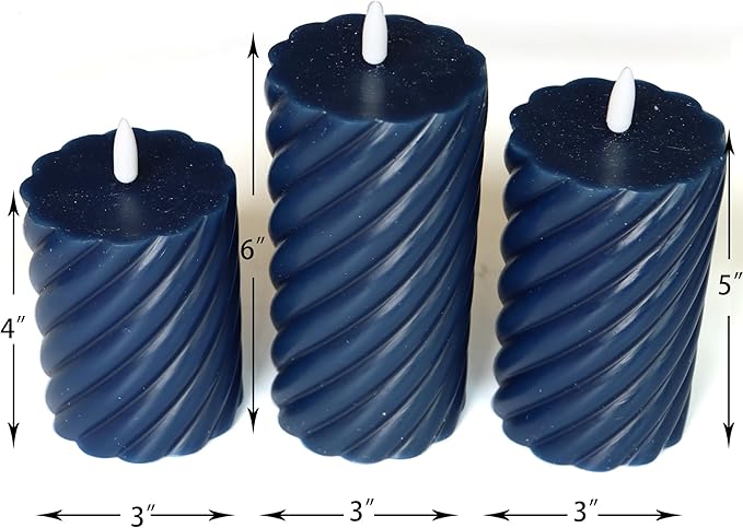 Battery Operated Flameless LED Candles with Remote Timer Real Wax Pillar Candles Electric Flickering decorative Navy Blue Wax Candles for Home Wedding Party Centerpiece Xmas Decor 3 PCS 3”X 4”, 5”, 6”