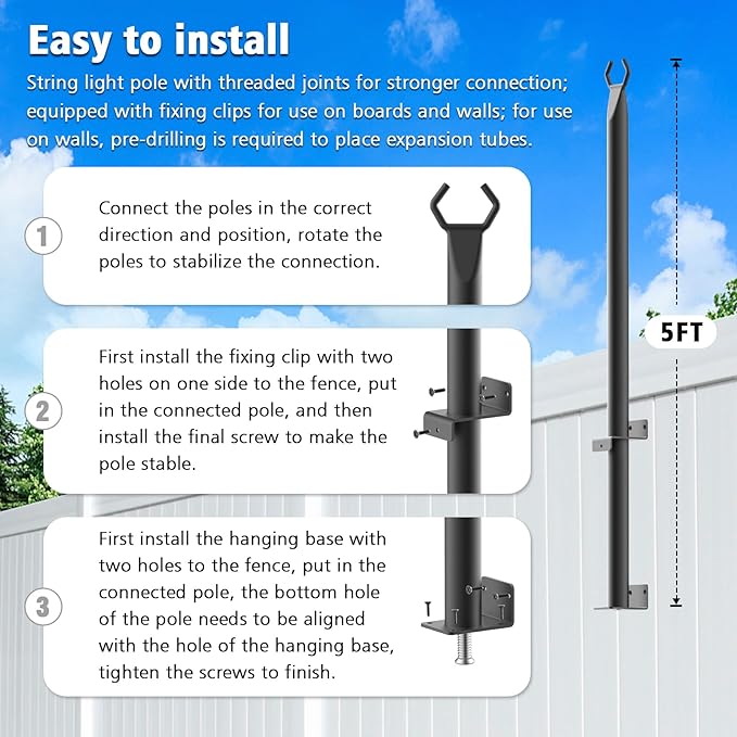 LETIANPAI 8 Pack String Light Poles,5 Ft Metal Poles with Fence Bracket for Outdoor String Lights,Outdoor Light Poles,Poles/Post/Stand for Outside
