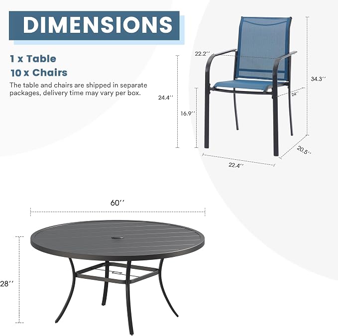 DIFY 11 Pieces Outdoor Patio Dining Set for 10, 60" Black Round Metal Dining Table and 10 Blue Stackable Sling Dining Chairs, Outdoor Table and Chairs for Lawn Garden Backyard Deck
