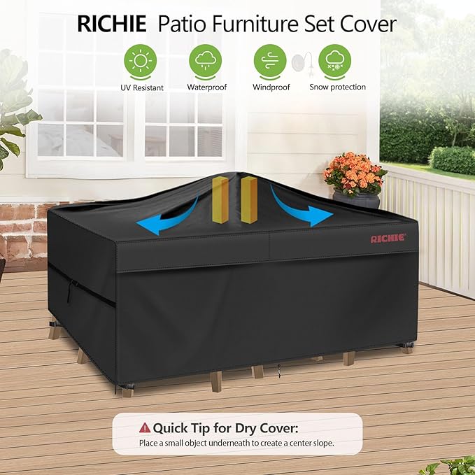 RICHIE Patio Furniture Covers, Waterproof Outdoor Table and Chair Set Cover, Rectangular Dining Table Cover, 72" L x 44" W x 28" H, Black