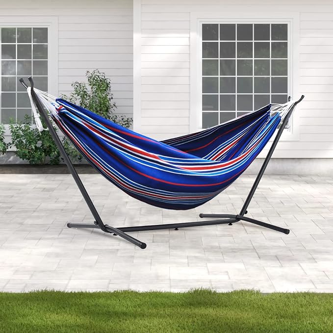 550lbs Capacity Double Hammock Adjustable Hammock Bed with 10ft Heavy Duty Steel Stand Includes Portable Carrying Case, Easy Set up Blue Pinstrip B