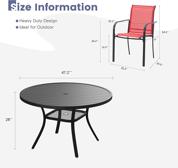VICLLAX Round Outdoor Dining Set, Patio Table and Chairs Set Set of 6 Patio Stackable Chairs and 47" Outdoor Round Table with Umbrella Hole for Backyard Lawn Garden, Red Chairs and Black Table