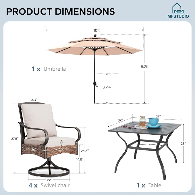 MFSTUDIO Patio Table and Chairs Set of 6, Patio Dining Set with Umbrella, Outdoor Dining Set for 4, Square Metal Dining Table with Swivel Chairs, 6 Pieces Outdoor Furniture Set for 4 with Umbrella
