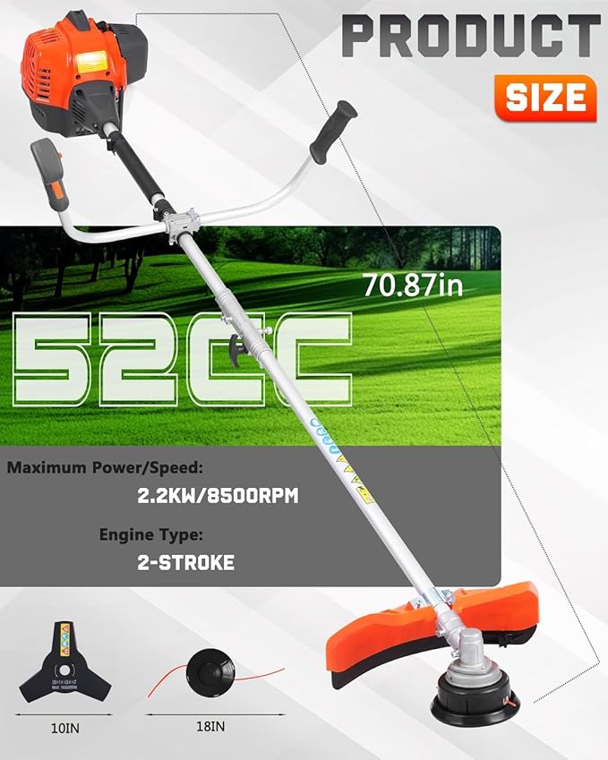 52CC Gas Powered Weed Eater, 3-in-1 String Trimmer/Brush Cutter/Edger – 18″ Cutting Swath, Balanced 18.5LB Design, Full-Crank 2-Stroke Engine, Quick-Start System for Effortless Yard Care (Red)