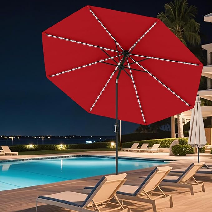 Tangkula 10 FT Solar Patio Umbrella, Outdoor Market Table Umbrella with 96 Multi-Colored Flowing LED Lights, 9 Modes, Tilt Adjustment, Crank Handle, 8 Ribs, Vented Top for Backyard Poolside Deck Lawn