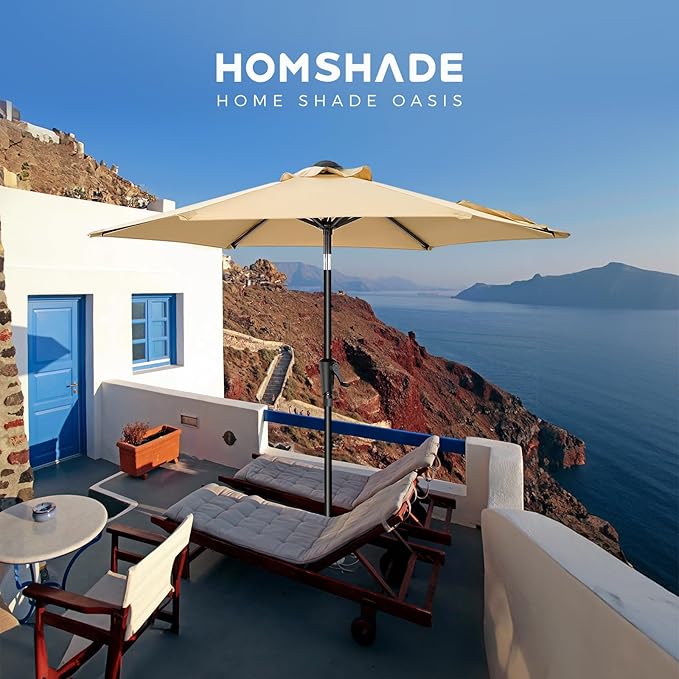 HOMSHADE 7.5ft Outdoor Patio Umbrella - Market Table Pool Deck Umbrella UPF50+ UV Protection with Push Button Tilt, Crank and 6 Sturdy Ribs (Beige, No base)