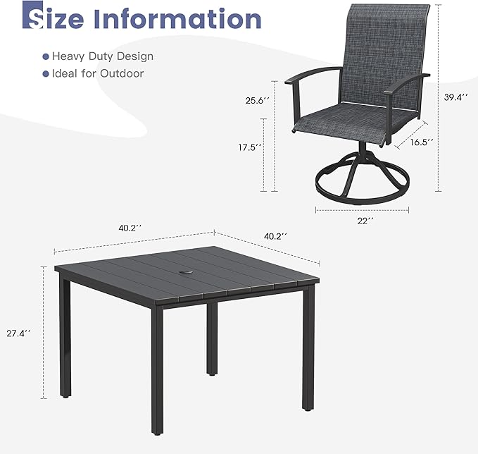 VICLLAX 5 Pieces Patio Dining Set, Patio Furniture Set of Metal Outdoor Table with Umbrella Hole and 4 Swivel Patio Chairs for Backyard Lawn, Charcoal & Black