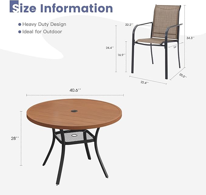 VICLLAX Round Outdoor Dining Set, Patio Table and Chairs Set Set of 4 Patio Stackable Chairs and 40.6" Outdoor Round Table with Umbrella Hole for Backyard Lawn Garden, Brown Chairs and Walnut Table