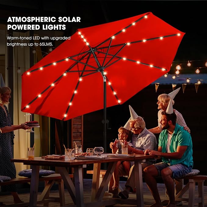 wikiwiki 9ft Solar Led Patio Umbrella, Sturdy Outdoor Market Umbrella for Deck, Pool, Garden w/Tilt, Crank, 32 LED Lights, Red