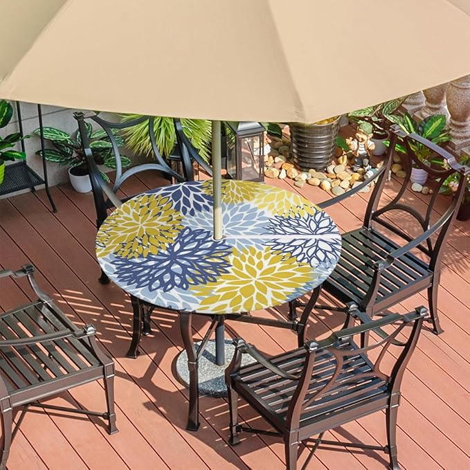 Fitted Round Tablecloth with Umbrella Hole and Zipper Spring Floral Outdoor Elastic Table Cloth 45"-56" Oil-Proof Waterproof Yellow Navy Chrysanthemum Patio Table Cover for Picnic Party