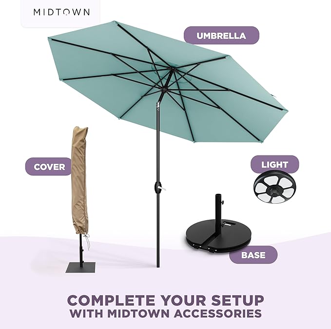Midtown Umbrellas - 10-Year-No-Fade 8 Ft Patio Umbrella with Terylast Fabric, Auto-Tilt Aluminum Frame and 8 Reinforced Ribs for Deck, Pool, Garden & Beach - Aqua Canopy, Black Pole