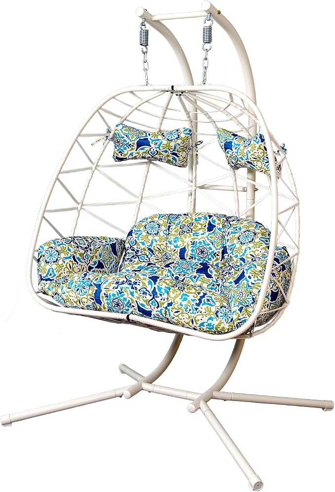 2 Person Double Hanging Egg Chair, Oversized Wicker Rattan Loveseat Swing Chair, Heavy Duty 600lbs Capacity, Foldable Basket Hammock Chair with Thick Cushion for Indoor Outdoor Patio Bedroom