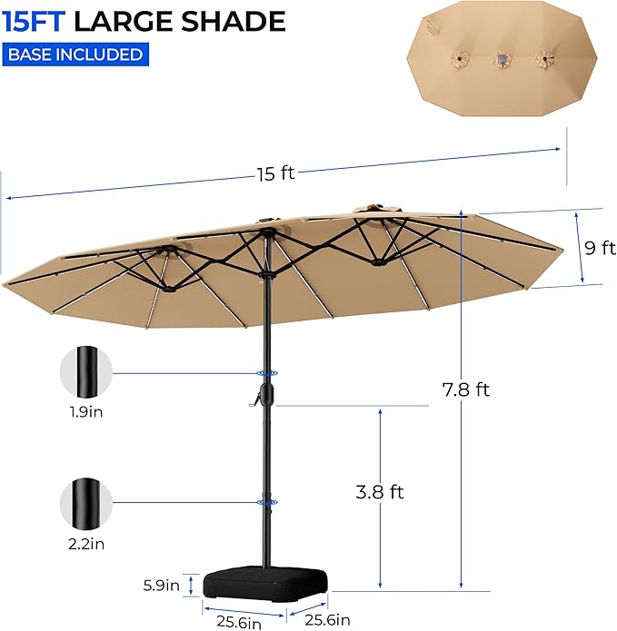 HOMSHADE Double Sided Patio Umbrellas with Base - 15ft RGB Multi-Color Flowing LED Lights Outdoor Extra Large Market Table Umbrella w/Stand, Oversized Umbrella for Deck, Pool, Backyard,Beige