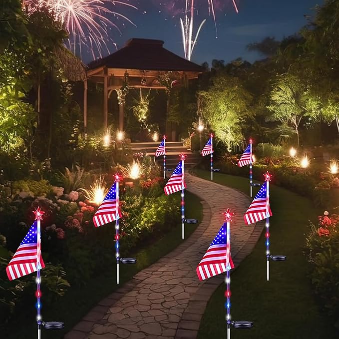 4th of July Decorations Outdoor Solar Lights, 8 Pack Red White and Blue American Flag Star Lights for National Day, 2 Modes Waterproof Solar Patriotic Light for Independence Memorial Day Yard Path