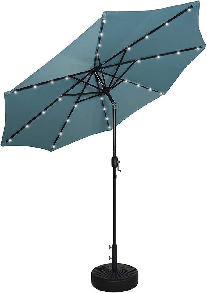 WO Home Furniture 9 Ft Patio Solar Power LED Lights Market Umbrella with Black Color Round Free Standing Weight Base kit, Turquoise