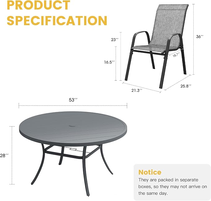 VICLLAX Outdoor Dining Set for 8, All Weather Metal 9 Pieces Patio Set-53 Round Outdoor Table and Stackable Chairs for Lawn Garden and Backyard, Grey Tabletop