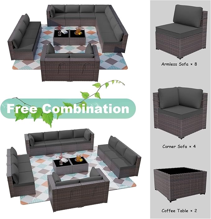 ALAULM 14 Pieces Patio Furniture Set Wicker Patio Conversation Set, Outdoor Sectional Furniture w/Coffee Table & Washable Seat Cushions-Grey