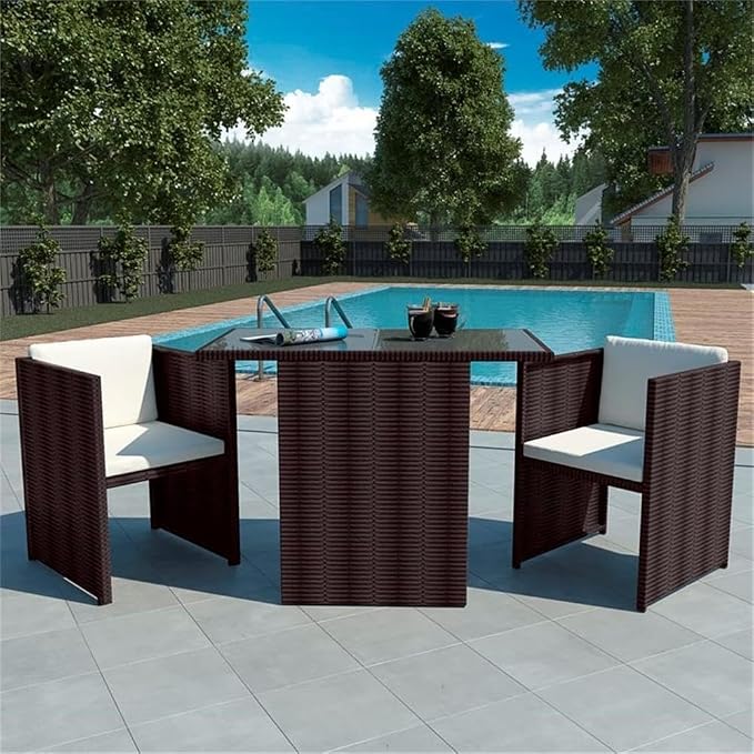 Afuera Living 3 Piece Rattan Garden Dining Set, Weathered Brown and Cream White Finish, PE Rattan and Powder-Coated Steel, Compact Design with Cushioned Seating for Outdoor Patio, Balcony, or Terrace